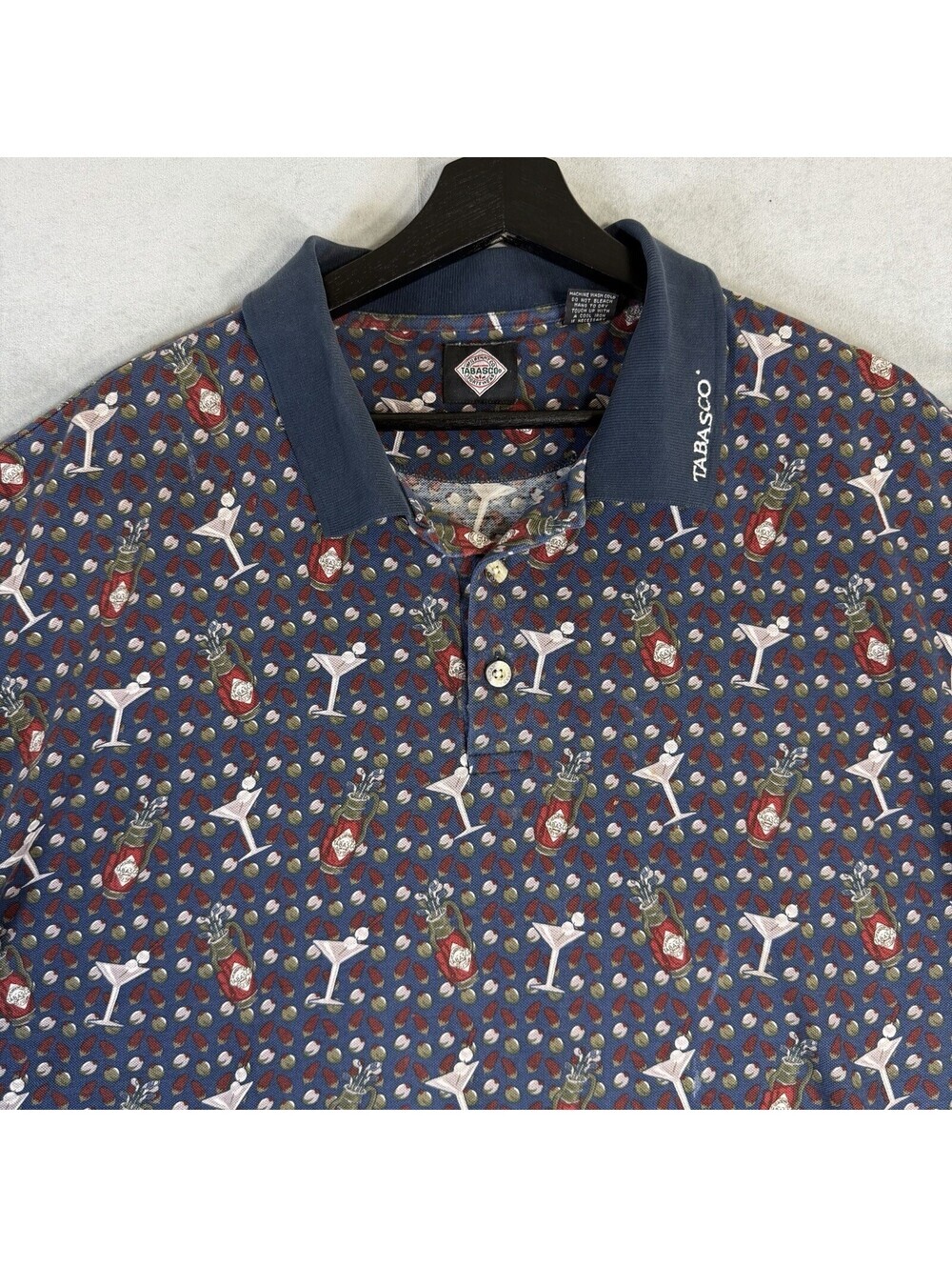 Vintage 90s Tabasco Polo Shirt Mens XXL Hot Sauce Martini All Over Print Novelty